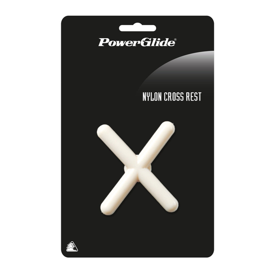 PowerGlide Nylon Cross Cue Rest for billiards, showing the durable nylon construction and cross design for pool table support.