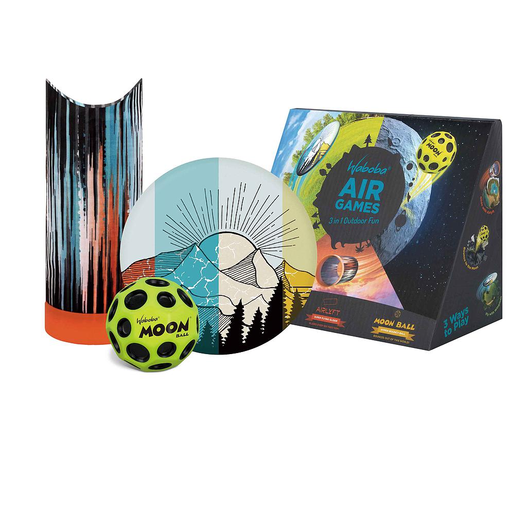Waboba Air Games 3-Pack including Airlyft, Wingman, and Moonball outdoor sports balls on a grassy field.