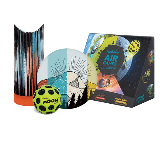 Waboba Air Games 3-Pack including Airlyft, Wingman, and Moonball outdoor sports balls on a grassy field.