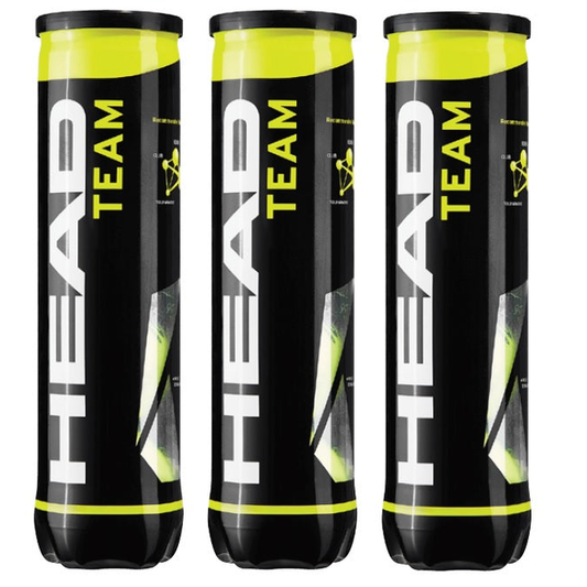 Three tubes of Head tennis balls, each containing four sporting goods tennis balls, for practice and match play.