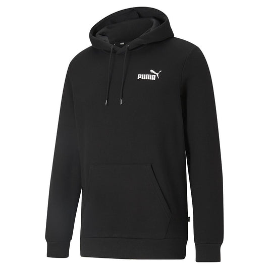 Puma men's ESS hoodie in black, front view, sporty sweatshirt with Puma logo, casual athletic wear for men.