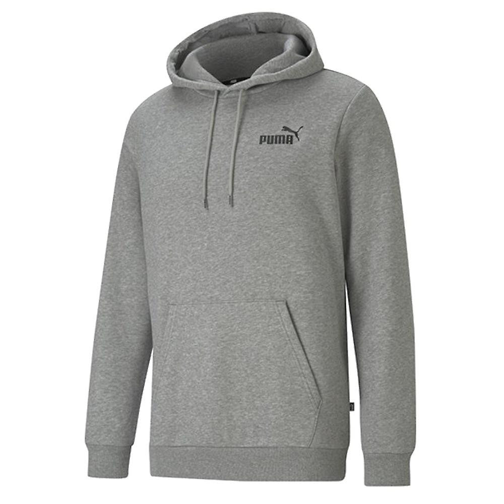 Puma men's ESS hoodie in black with front kangaroo pocket and drawstring hood, designed for sporty comfort.