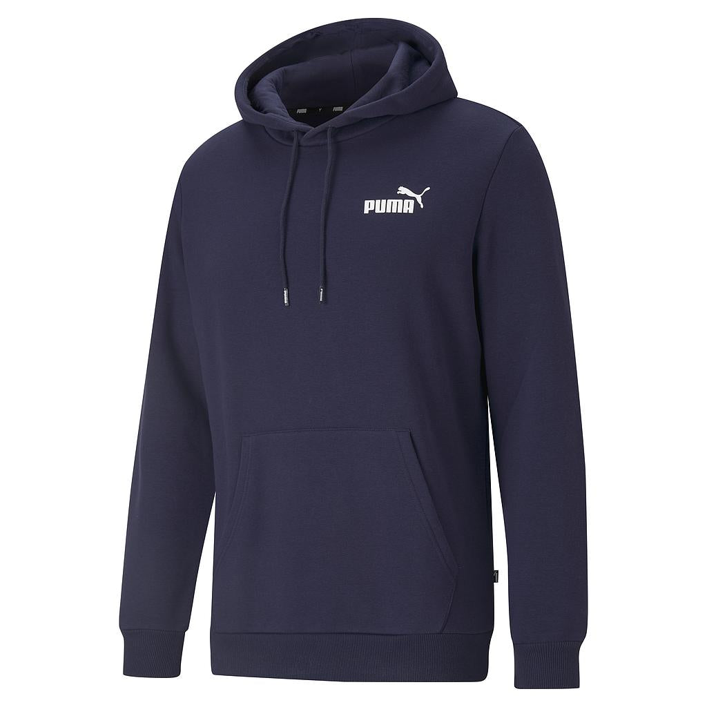 Puma men's ESS hoodie in black, featuring the brand logo on the front, made from comfortable sporting goods material.