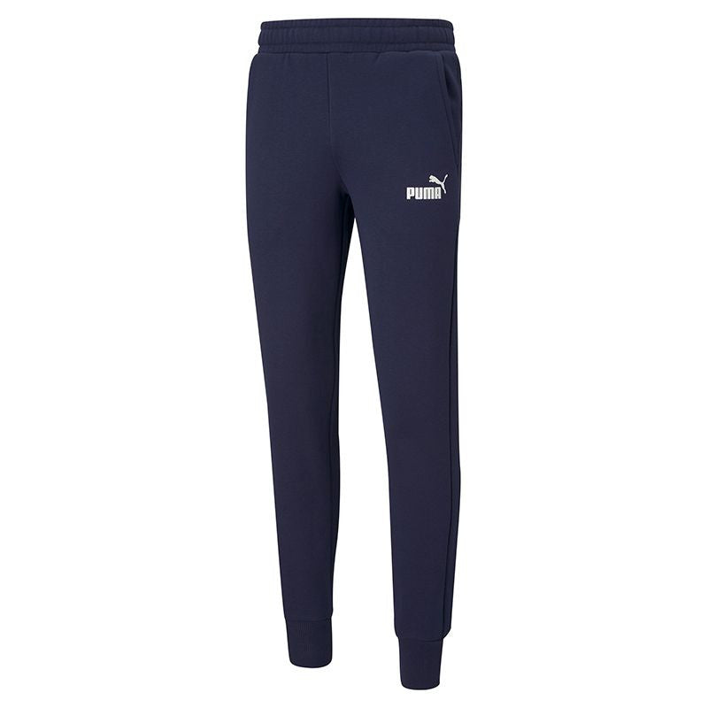 Puma men's ESS Slim Pants in black, made of sporty fabric, displayed flat with drawstring waistband and tapered fit.