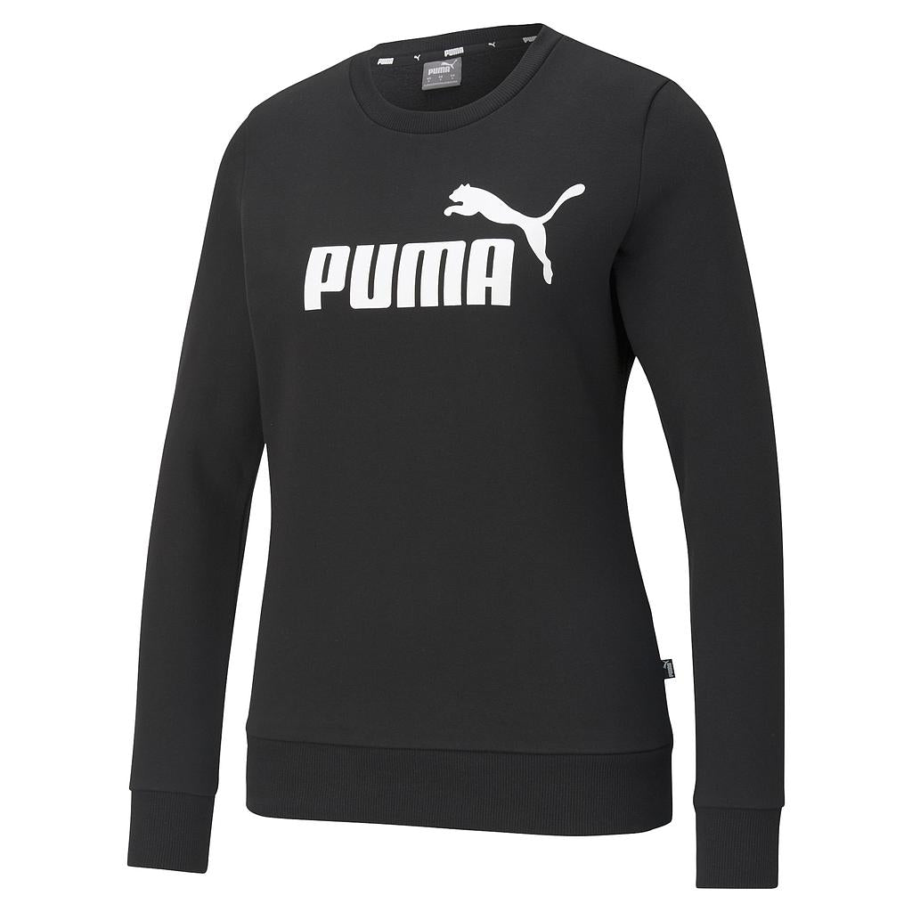 Puma Women's ESS Logo Crew Sweatshirt in grey, featuring a front Puma logo and comfortable crewneck design.