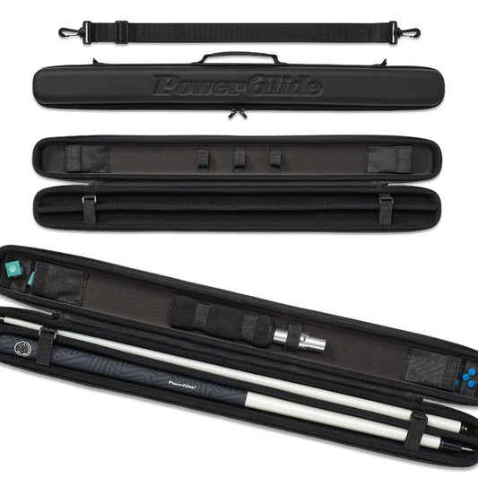 PowerGlide Powerglide Svartur cue case for sporting goods, black protective case with zipper and handle for cue stick storage.