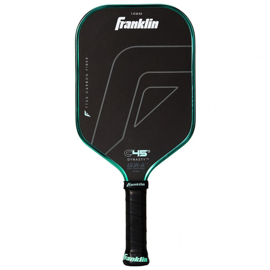 Franklin C45° Carbon Dynasty Series pickleball paddle with black and yellow design, featuring a carbon fiber face and ergonomic handle.