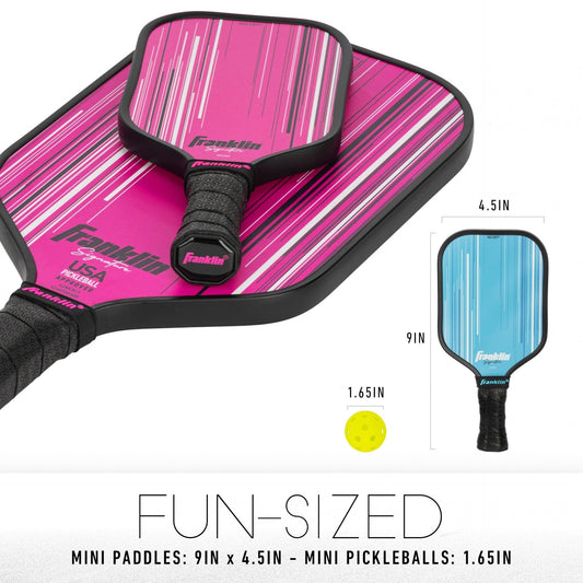 Franklin Pickleball mini paddle and ball set, compact sporting goods for outdoor pickleball games, featuring a small paddle and ball.