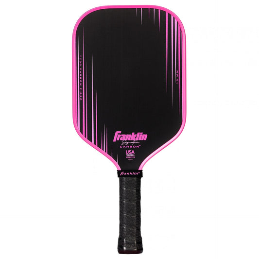 Franklin Signature Carbon Elongated Series pickleball paddle with black and white design, showing the paddle's face and handle.