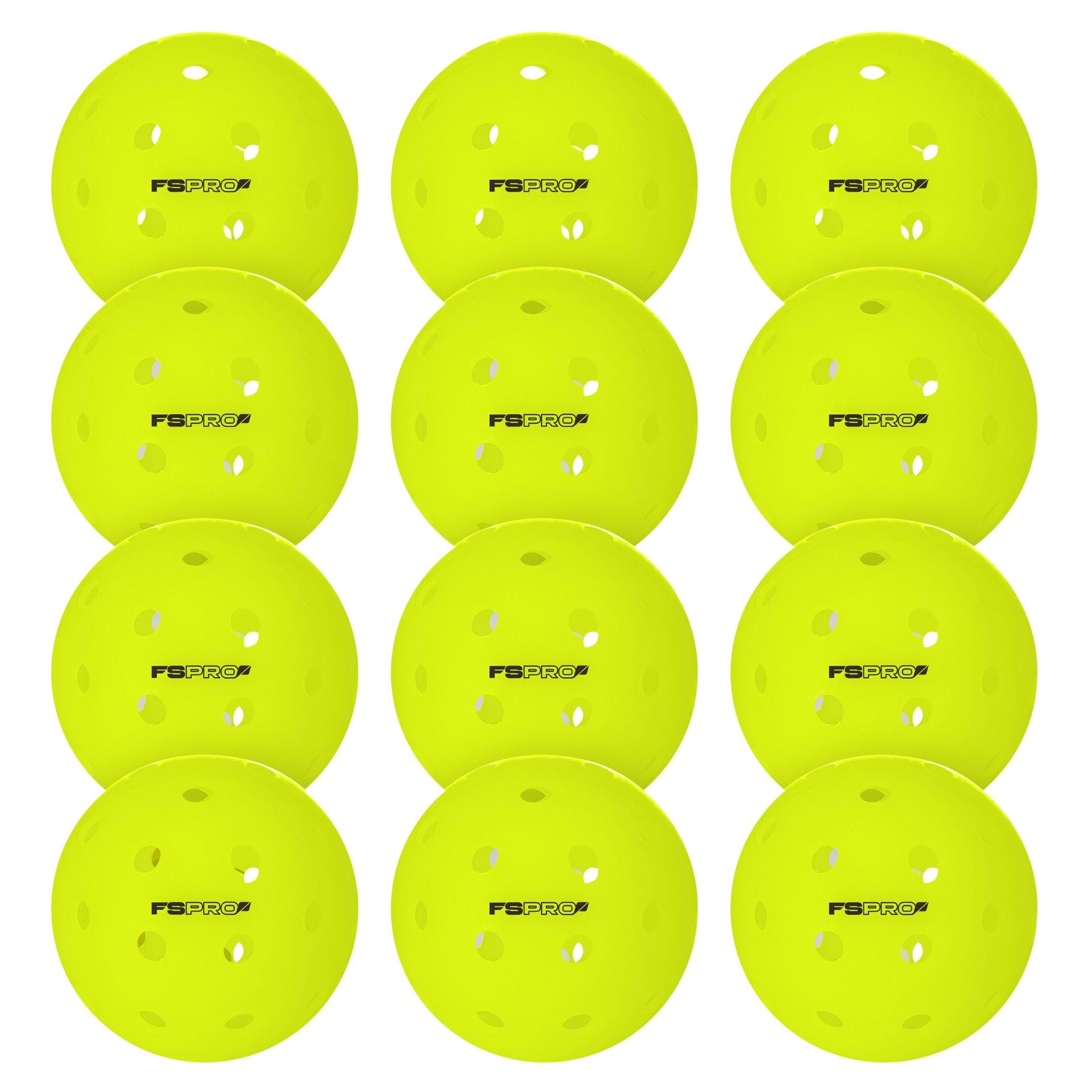 Set of 12 Franklin Indoor FS Pro Pickleball paddles with colorful designs for recreational pickleball games indoors.