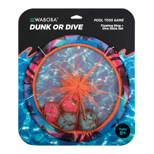 Waboba Dunk or Dive pool toss game with floating ring and dive balls, set up for water play in a swimming pool.
