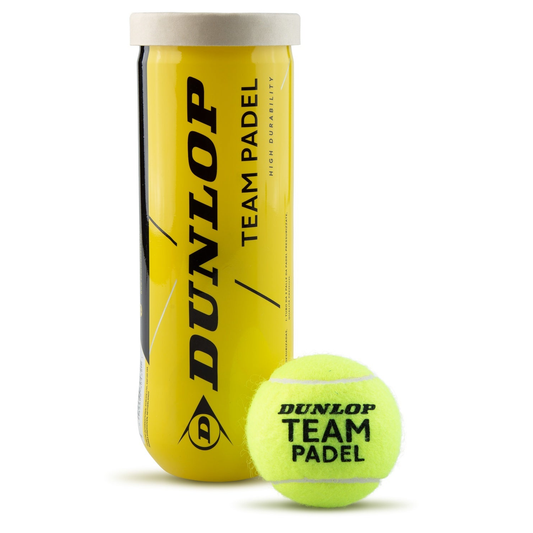Dunlop Team Padel Balls in a 3-ball tube, ready for game play, designed for durable and high-performance padel tennis matches.