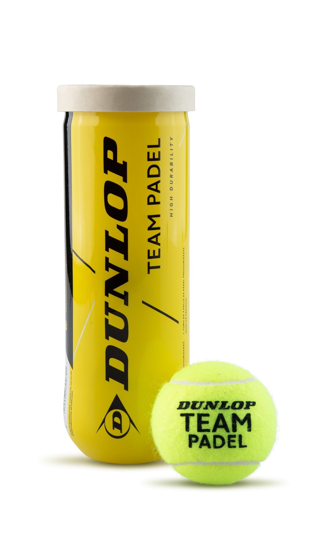 Dunlop Team Padel Balls in a 3-ball tube, sporting goods for padel tennis, with brand logo and packaging visible.
