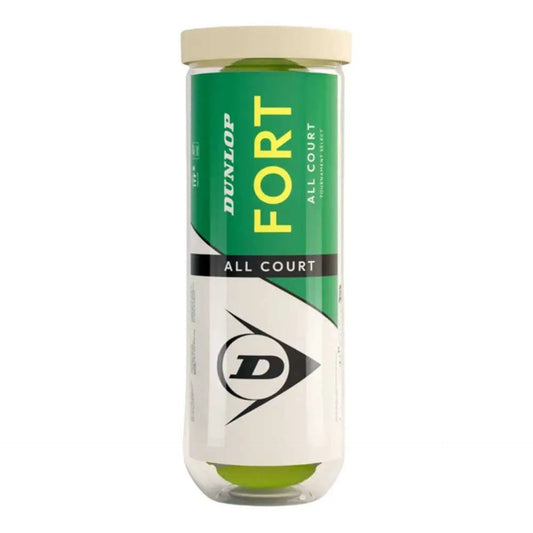 Dunlop Fort All Court tennis balls for sporting goods, showing a cluster of yellow Dunlop tennis balls with branding visible.