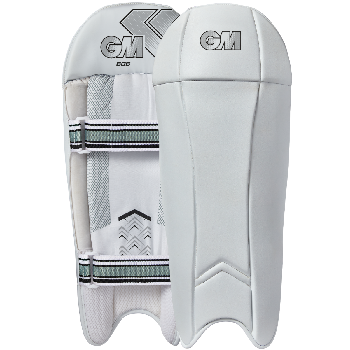 Gunn & Moore GM Cricket 606 Wicket Keeping Pads showing padded leg guards with straps and protective design for wicket keeping.
