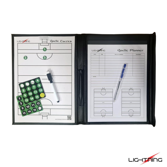 Lightning Gaelic Sport magnetic tactic folder A4 coach board by LS-Sportif showing magnetic tactic markers and whiteboard surface.