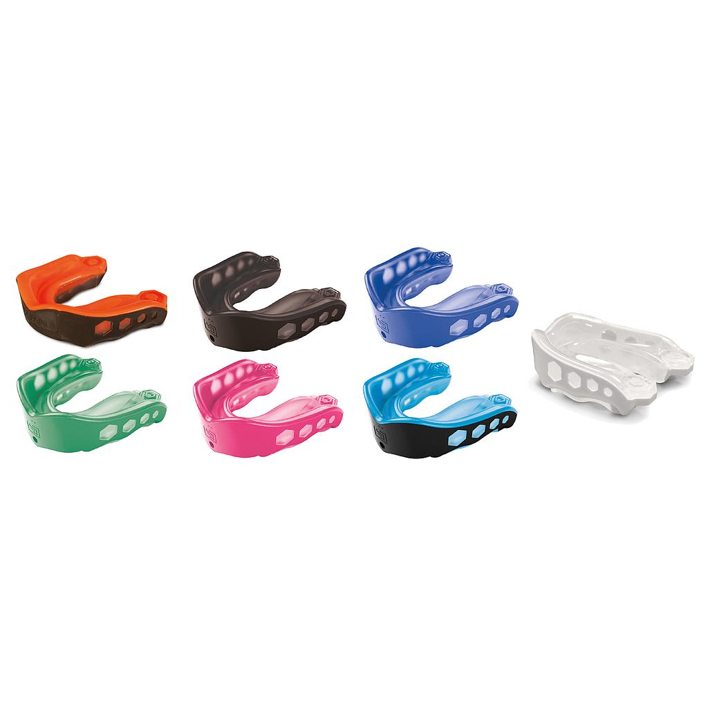 Shock Doctor Gel Max mouthguard in blue and black, designed for sporting goods, showing its flexible, cushioned protective design.