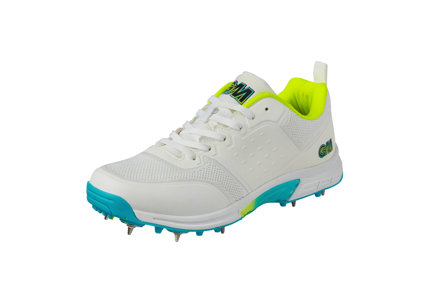 Gunn and Moore GM Aion Spike cricket shoes with black and red design, featuring spiked soles for enhanced grip on the field.
