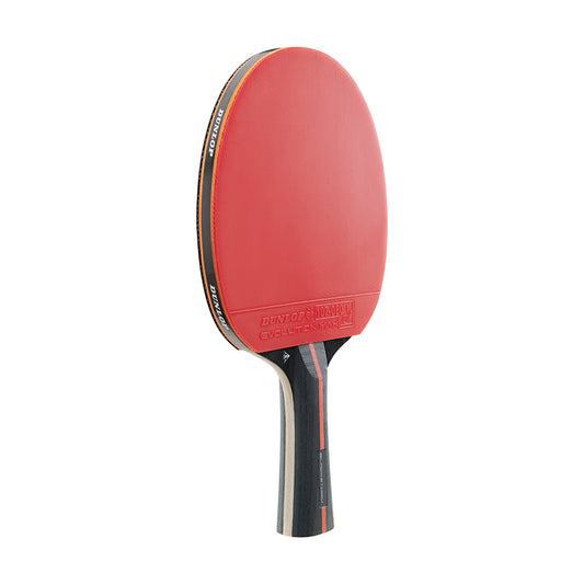 Dunlop Blackstorm table tennis bat with black rubber and wooden handle, ready for competitive play in sporting goods.