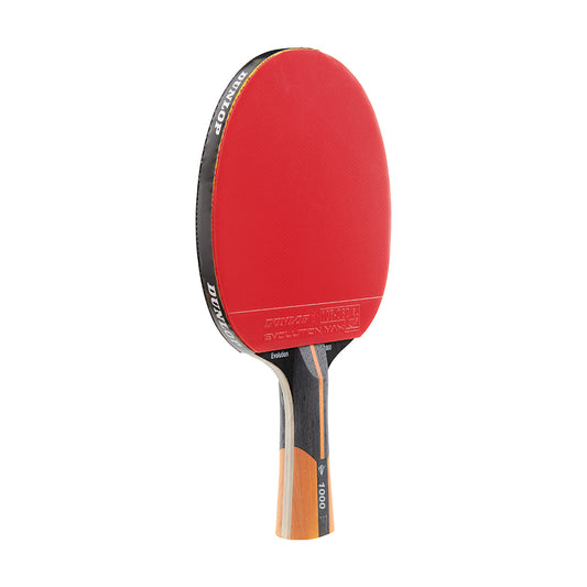 Dunlop Evolution 1000 table tennis bat with red rubber and wooden handle, designed for competitive and recreational play.