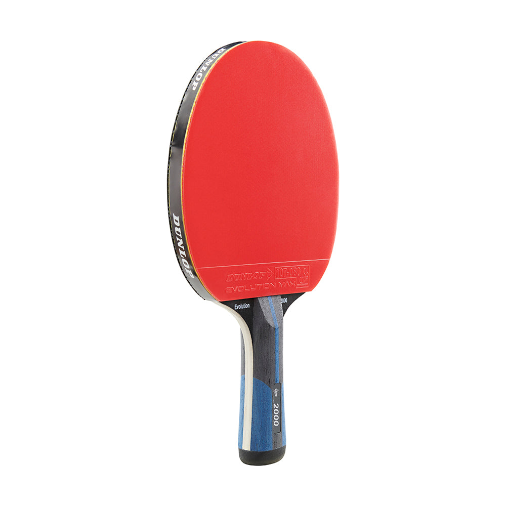Dunlop Evolution 2000 table tennis bat with black and red rubber on wooden paddle for competitive play.