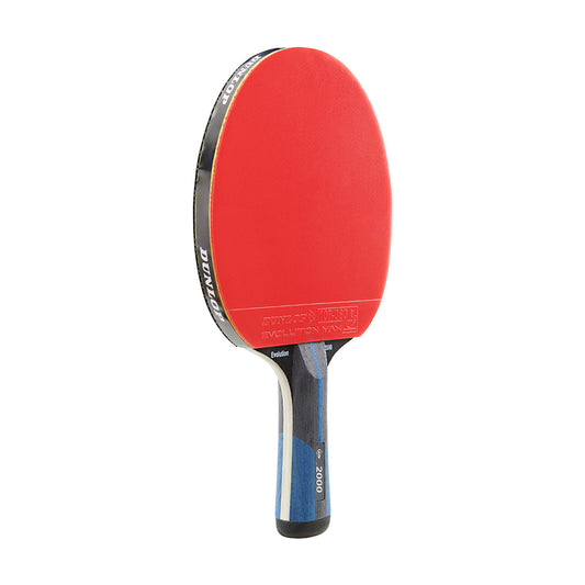 Dunlop Evolution 2000 table tennis bat with black rubber and wooden handle, designed for competitive indoor table tennis play.