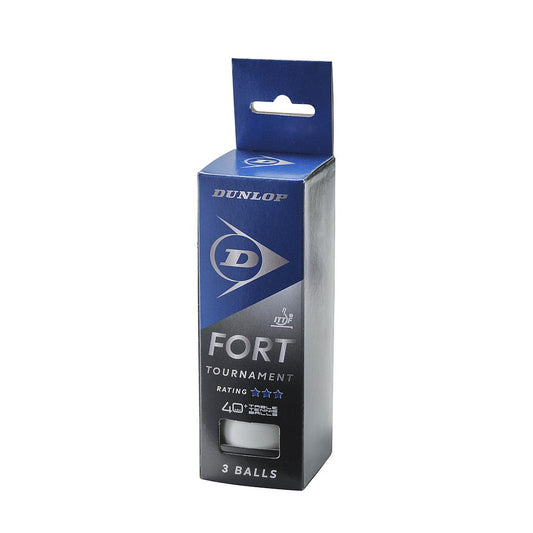 Dunlop 40+ Fort Tournament Table Tennis Balls pack of 3 showing white balls with Dunlop branding on a sporting goods table.