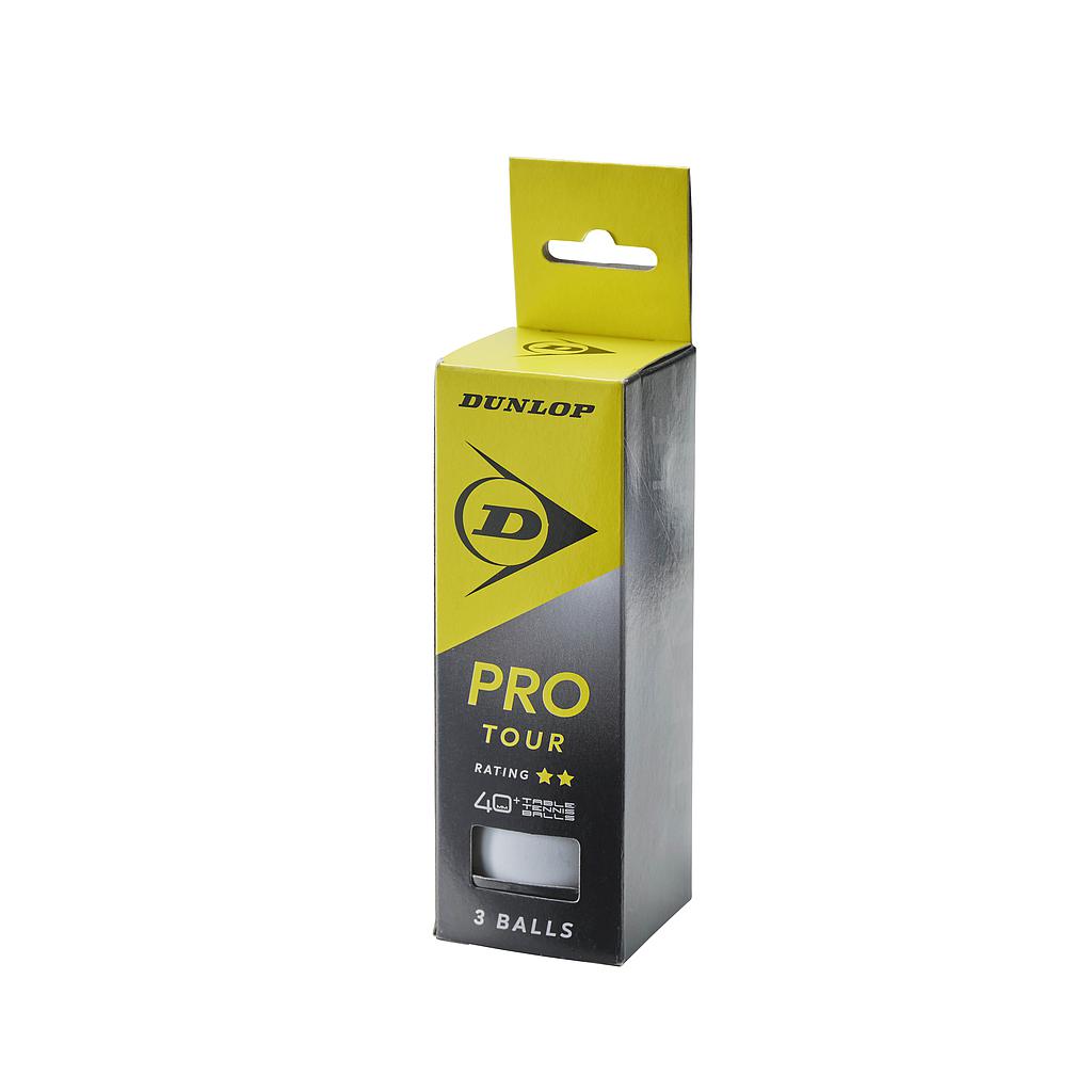 Dunlop 40+ Pro Tour table tennis balls in a pack of three, sporting goods, showing white balls with Dunlop branding