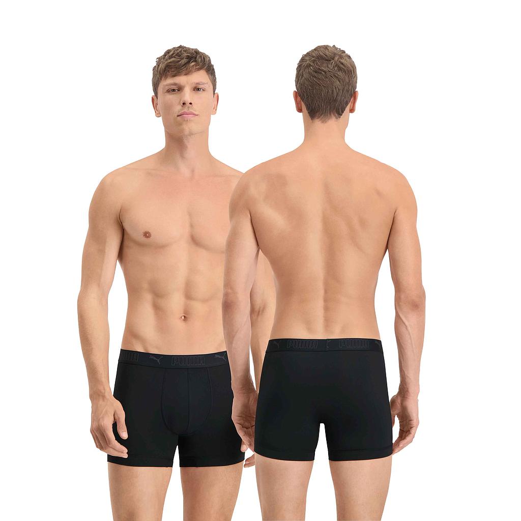 Puma Active Sport Boxer Twin Pack showing two pairs of black and gray athletic boxer briefs on a white background.