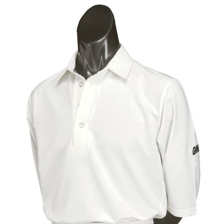 Gunn and Moore GM Maestro SS cricket shirt in white with blue accents, sports collar, and button closure, displayed on a hanger.