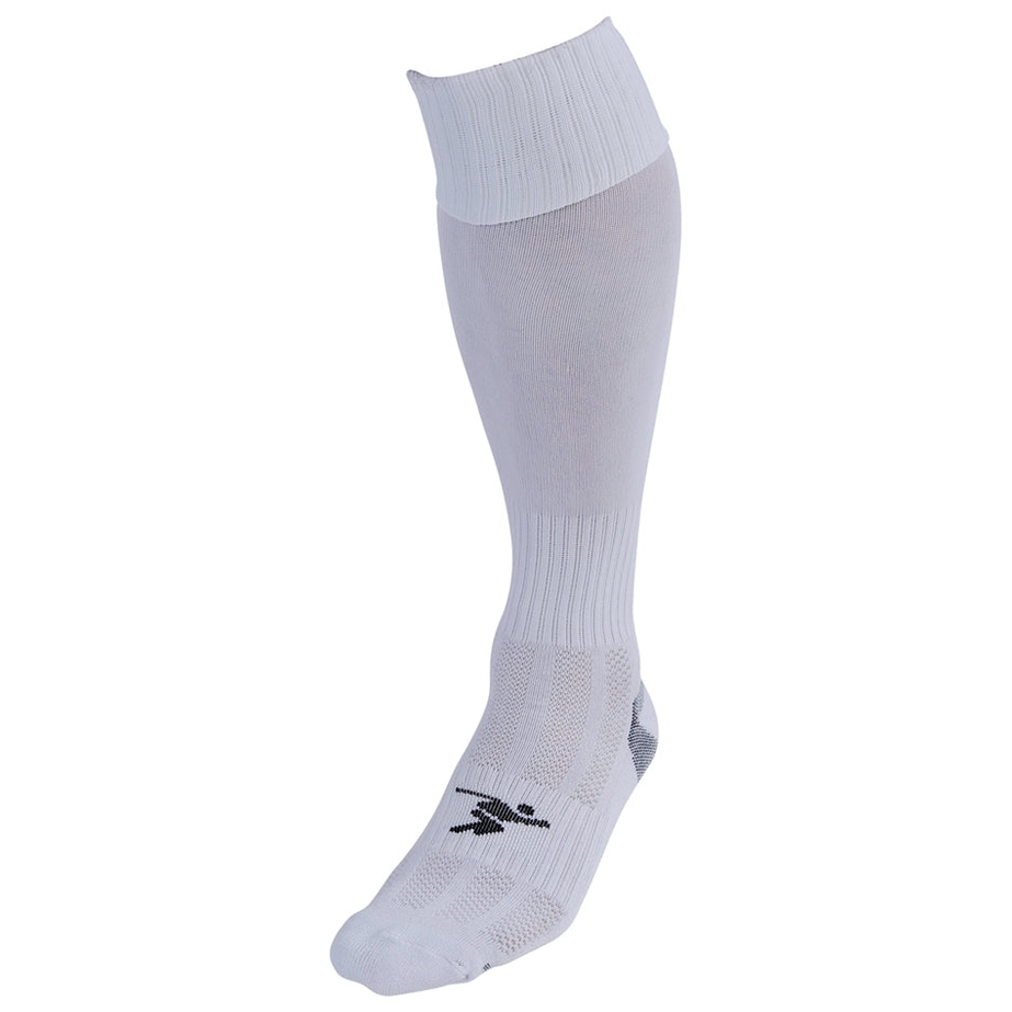 Junior Precision Plain Pro Football Socks in white with black accents, designed for athletic performance and comfort.