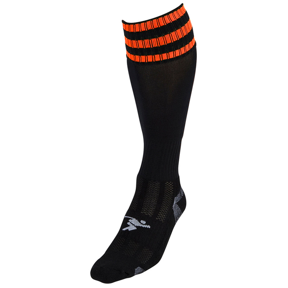 Precision 3 Stripe Pro Football Socks for adults, white with three black stripes, designed for athletic performance and comfort.