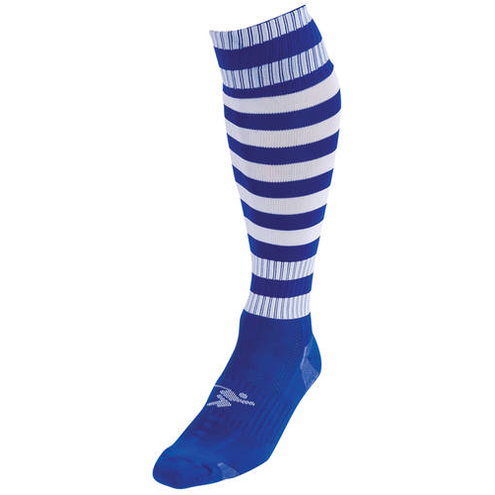 Junior Precision Hooped Pro Football Socks with breathable fabric and colorful hoop design, ideal for athletic performance.