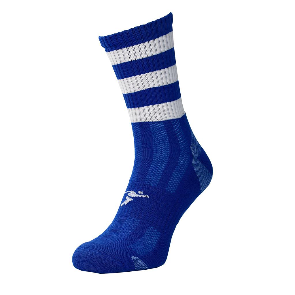Junior Precision Pro Hooped GAA mid socks in white and blue with sporty design, ideal for Gaelic Athletic Association sports.