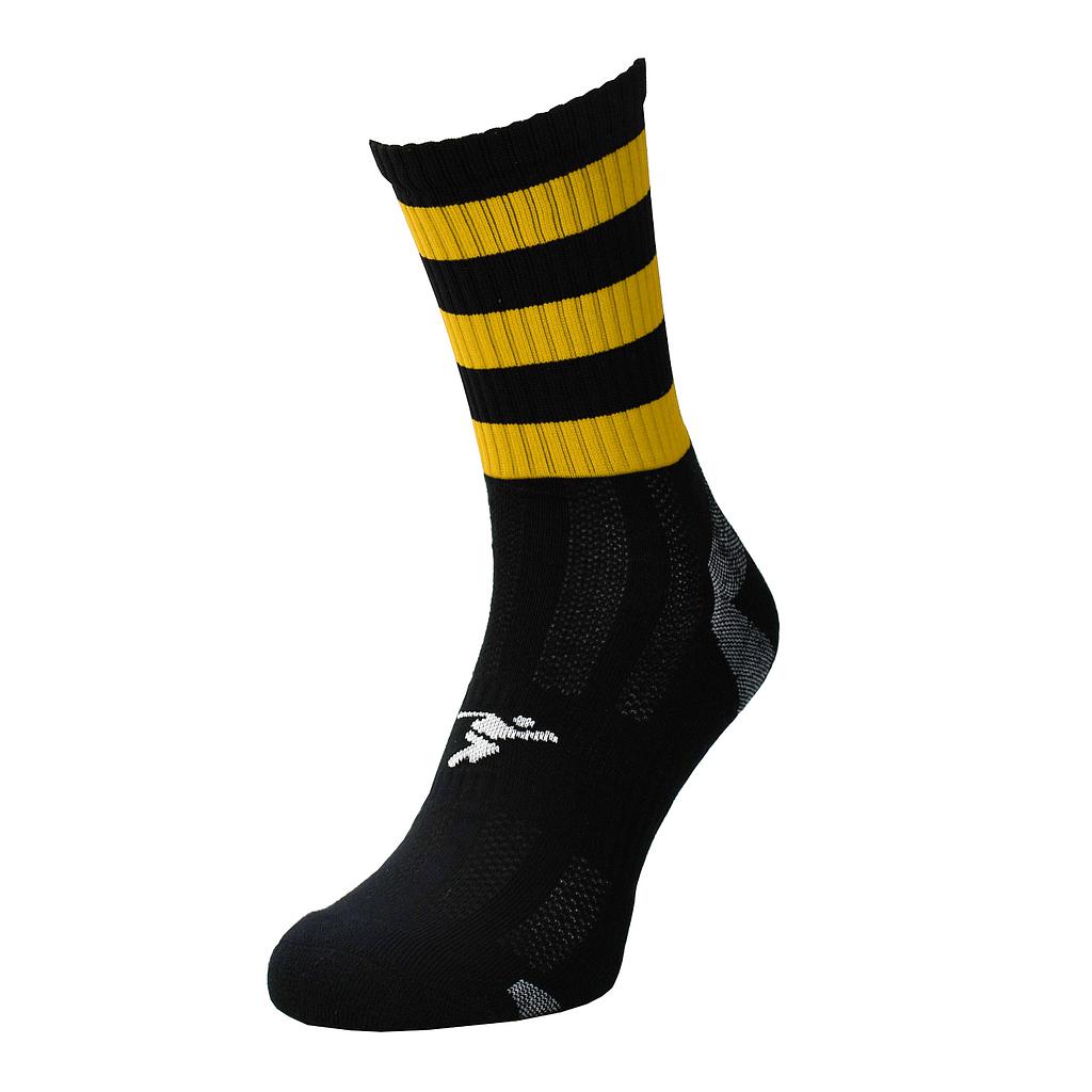 Junior Precision Pro Hooped GAA mid socks with green and white stripes, designed for sporting goods and Gaelic Athletic Association use.