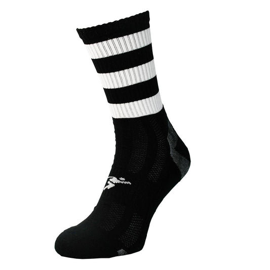 Junior Precision Pro Hooped GAA mid socks featuring green and white stripes, designed for athletic sports performance.