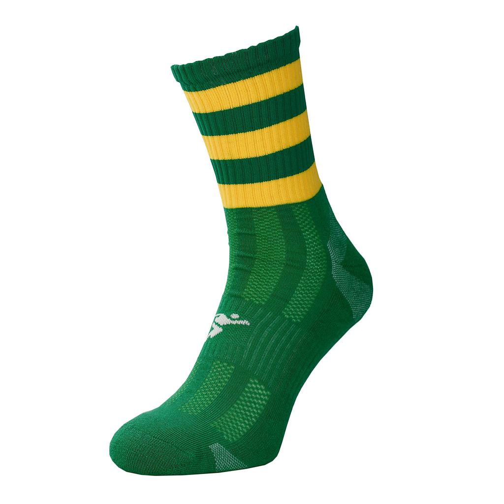 Junior Precision Pro Hooped GAA mid socks featuring green and white stripes, designed for Gaelic Athletic Association sports.