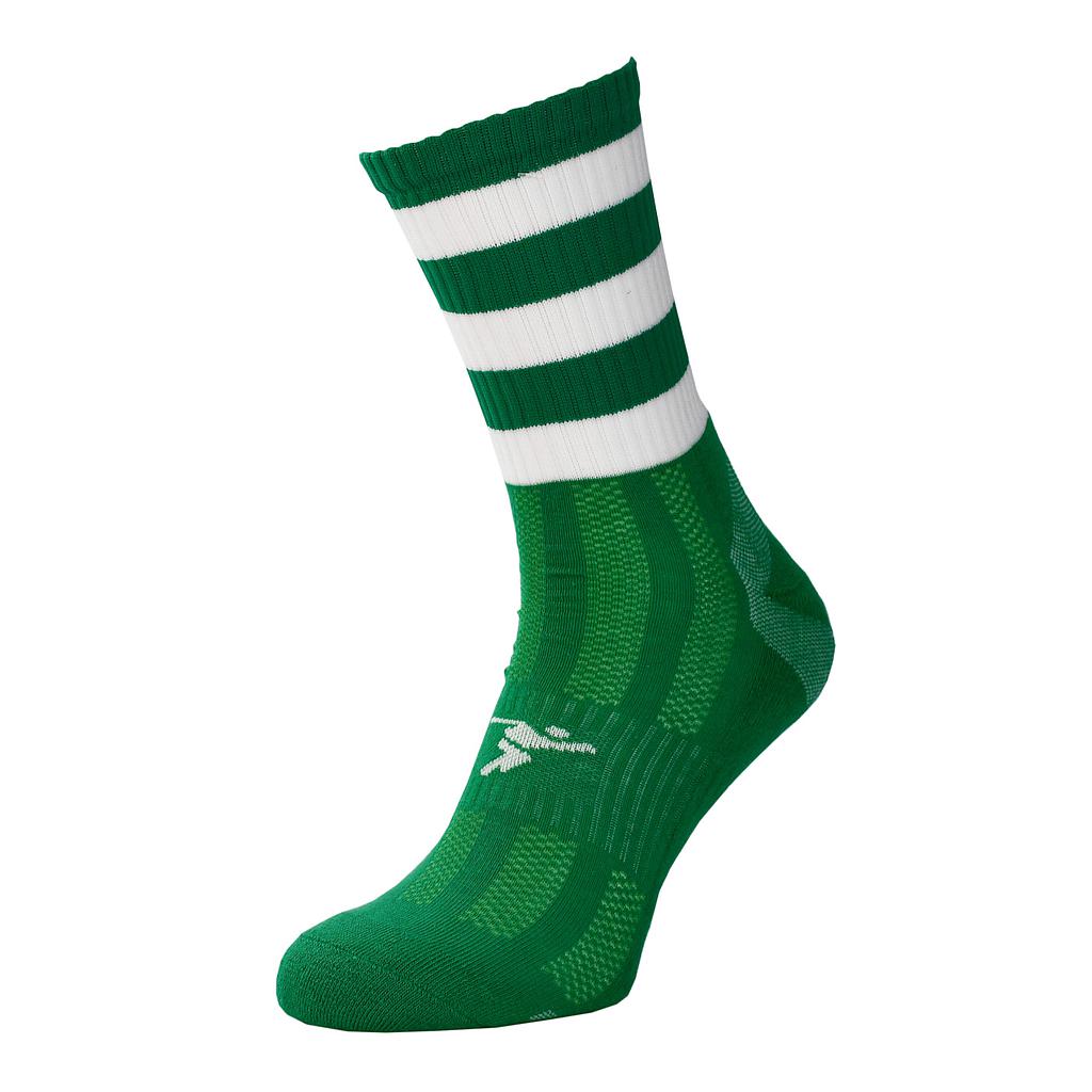 Junior Precision Pro Hooped GAA mid socks featuring green and white hoops, designed for sporting goods and athletic use.