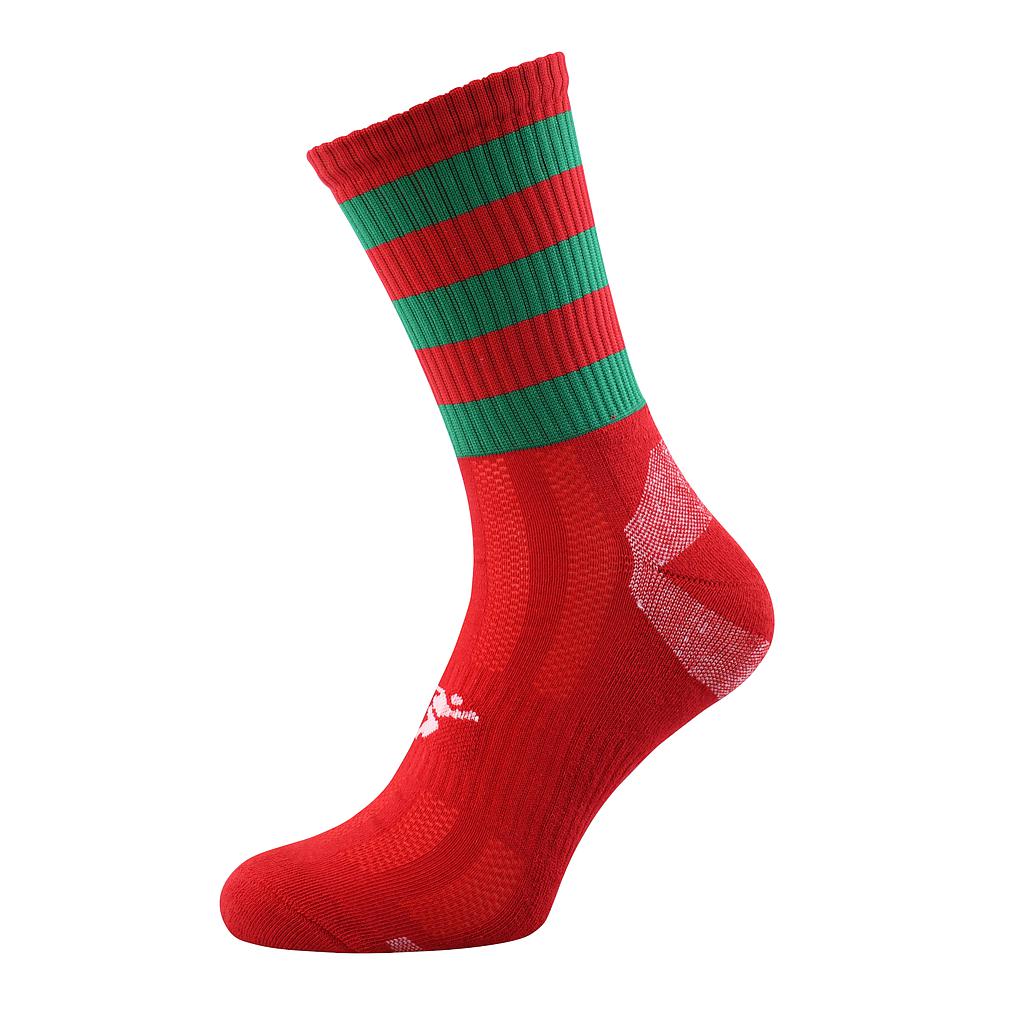 Junior Precision Pro Hooped GAA mid socks in sportswear, featuring green and white hoops with reinforced cushioning for athletic support.
