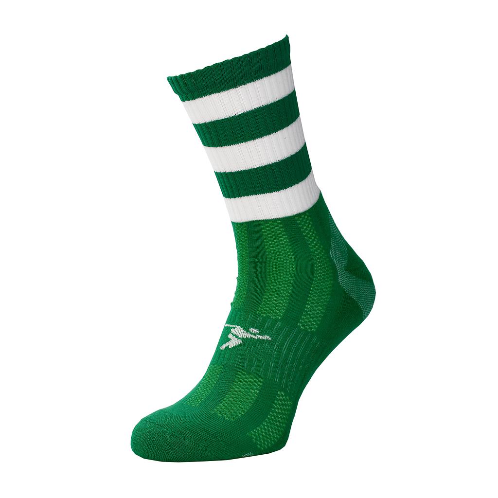 Precision Pro Hooped GAA Mid Socks for sporting goods, featuring white and blue hoops and cushioned ankle support.