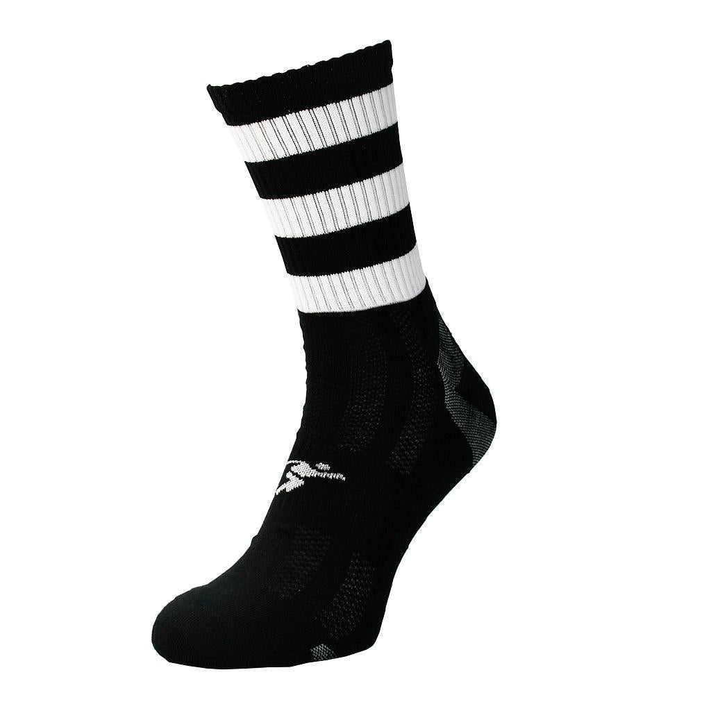 Junior Precision Pro Hooped GAA mid socks, sporting goods, featuring white and green hoops, designed for athletic performance.