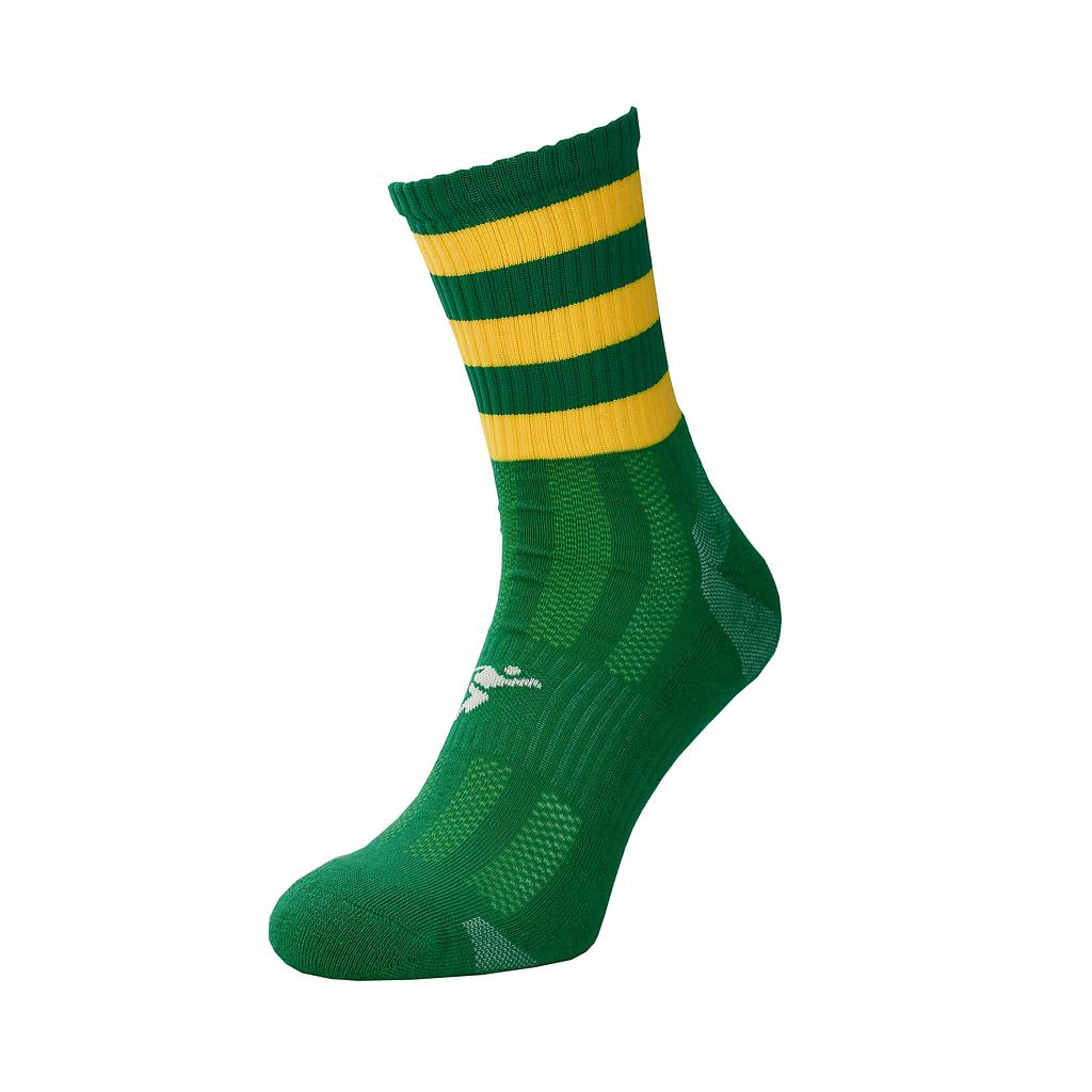 Junior Precision Pro Hooped GAA mid socks showing green, white, and black hoops, designed for Gaelic Athletic Association sports.