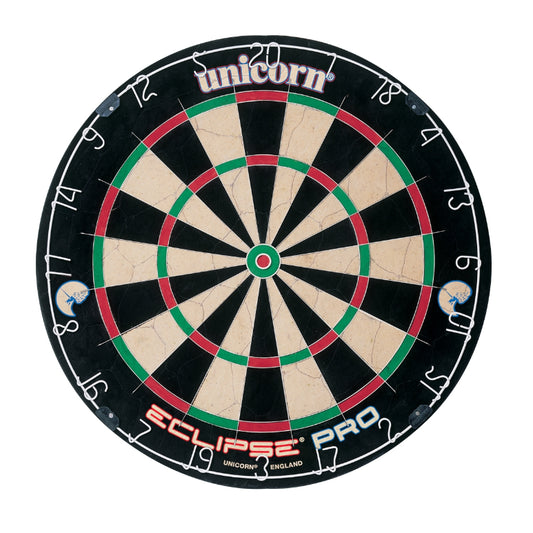 Unicorn Eclipse Pro Bristle Dartboard mounted on a wall with darts in the scoring area, suitable for professional darts play.