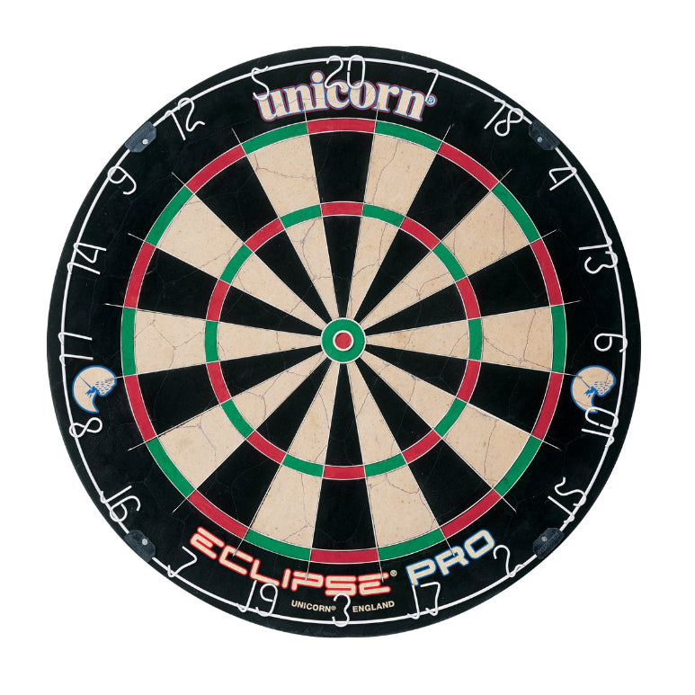 Unicorn Eclipse Pro Bristle Dartboard mounted on a wall with darts in the scoring area, suitable for professional darts play.