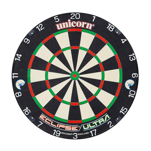 Unicorn Eclipse Ultra Bristle Dartboard with colorful bullseye and scoring sections, mounted on a wooden backing for competitive darts play.