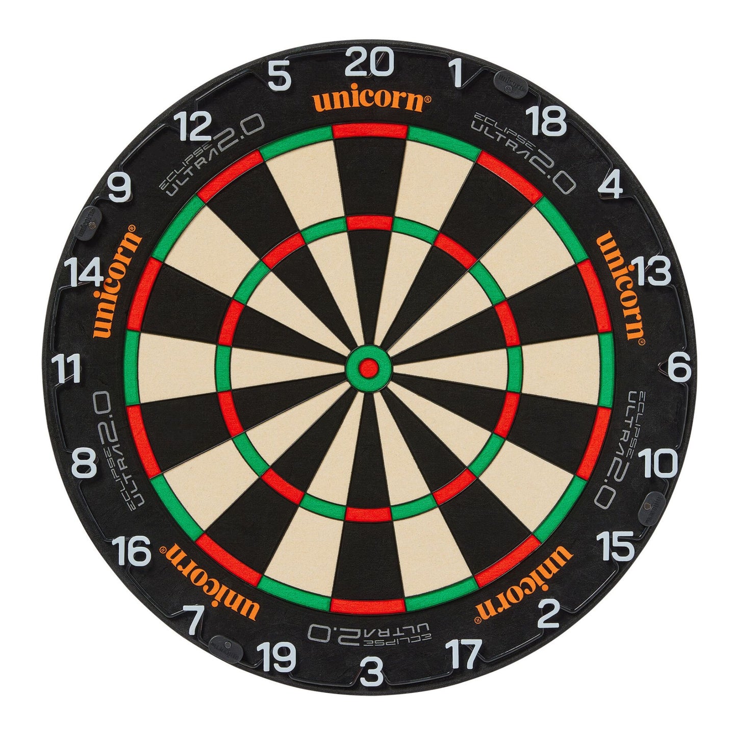 Unicorn Eclipse Ultra 2.0 Dartboard with colorful bullseye and dart scoring areas, designed for professional dart games.