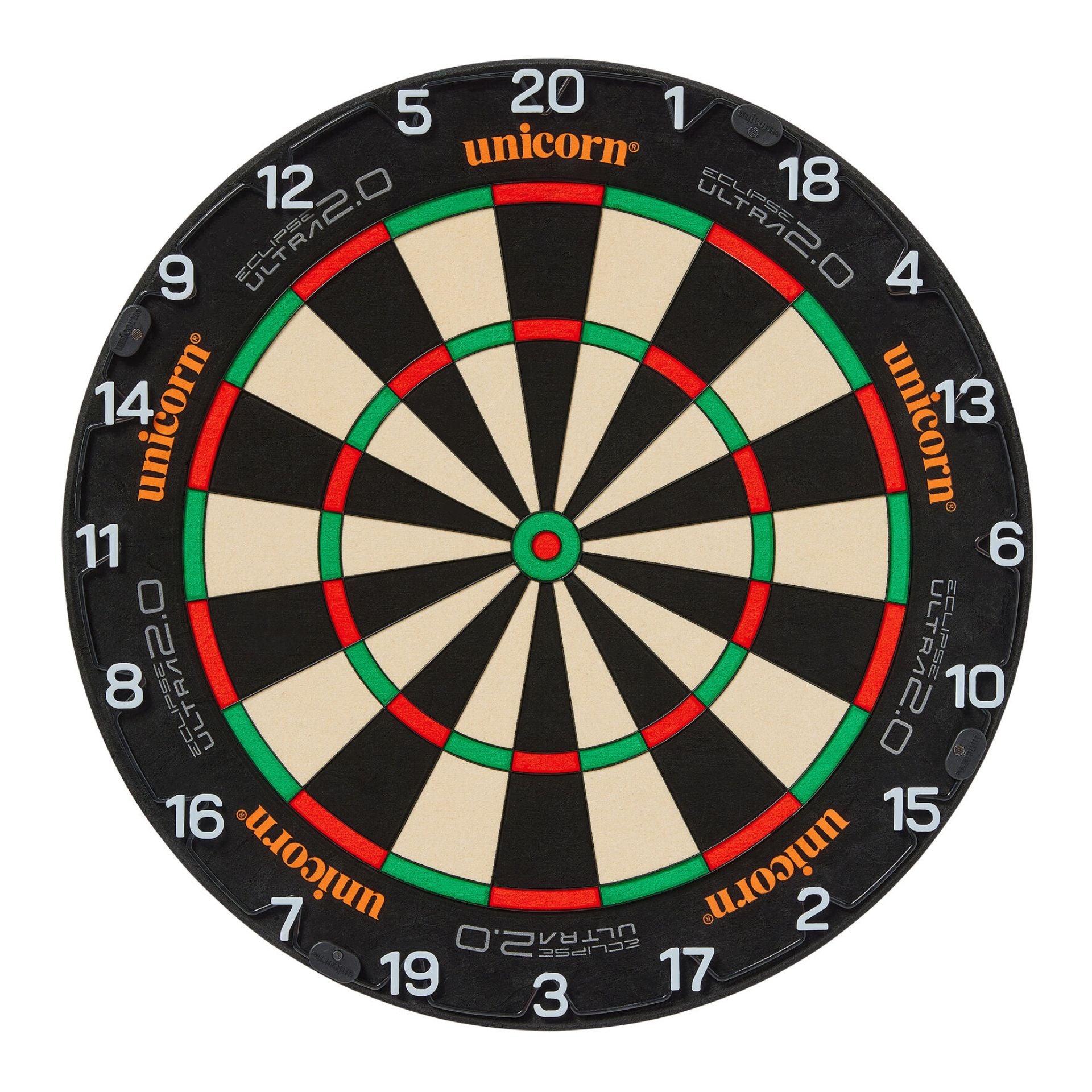 Unicorn Eclipse Ultra 2.0 Dartboard with colorful bullseye and dart scoring areas, designed for professional dart games.
