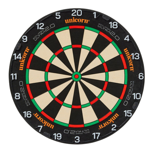 Unicorn Eclipse Ultra 2.0 Dartboard with colorful bullseye and dart scoring areas, designed for professional dart games.