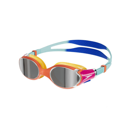 Junior Speedo Biofuse 2.0 Mirror Goggles with adjustable strap and mirrored lenses for swimming comfort and visibility.