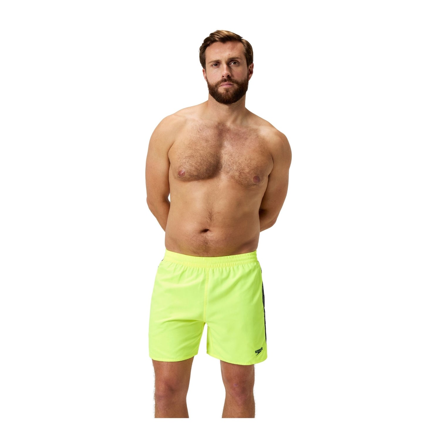 Speedo Hyperboom Splice 16-inch watershorts with colorful splice design, suitable for swimming and water sports.
